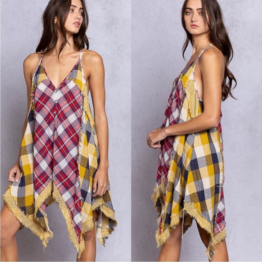 POL Plaid Patchwork Slip Dress - Red, Yellow, Blue - Picture 4 of 6